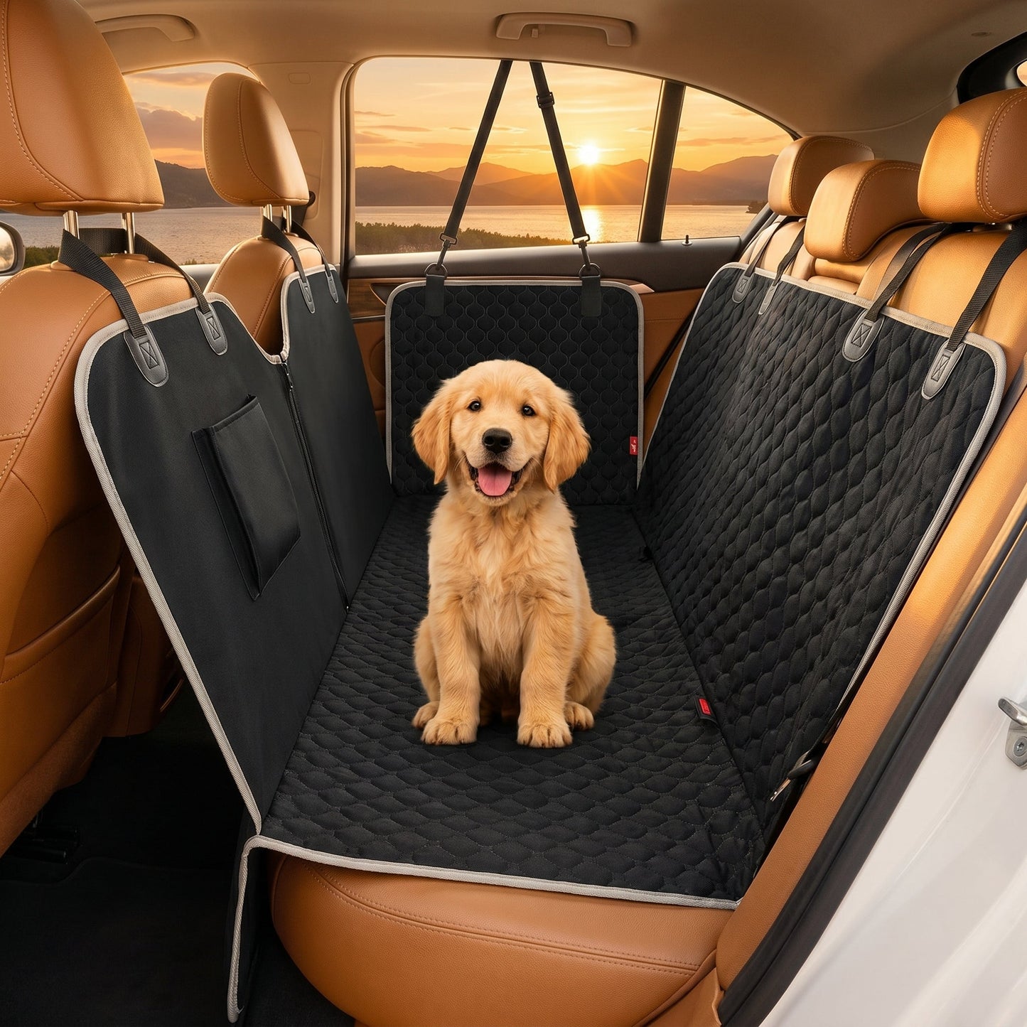 Dog sitting on a black car seat cover in a vehicle with a scenic view outside.