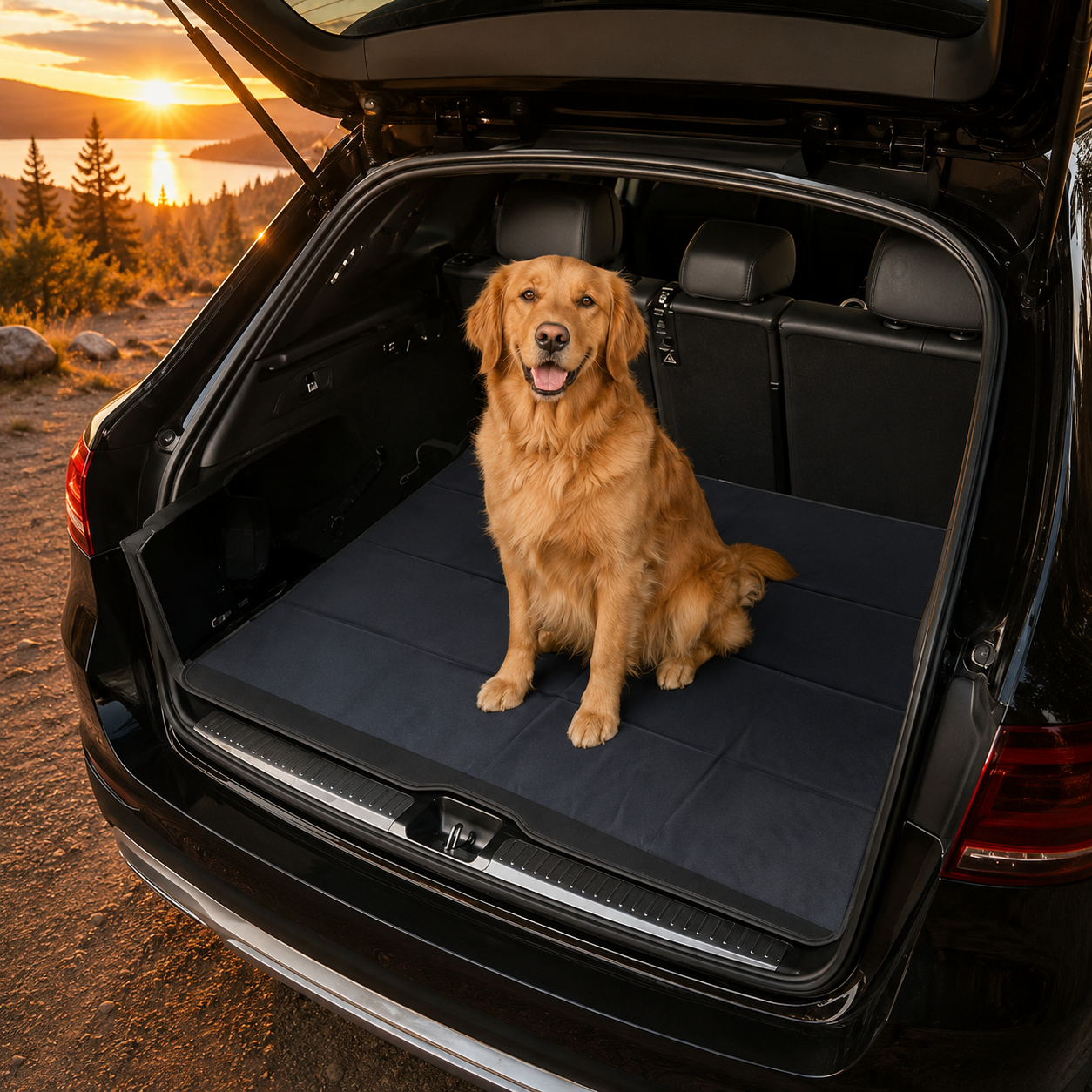 Dog sitting on a black pet mat in the open trunk of a car with a scenic background.