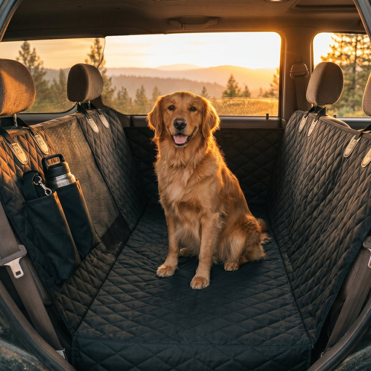 Dog sitting on a car seat cover in a vehicle with a scenic view outside