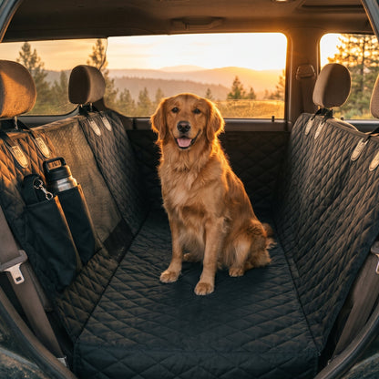 Dog sitting on a car seat cover in a vehicle with a scenic view outside