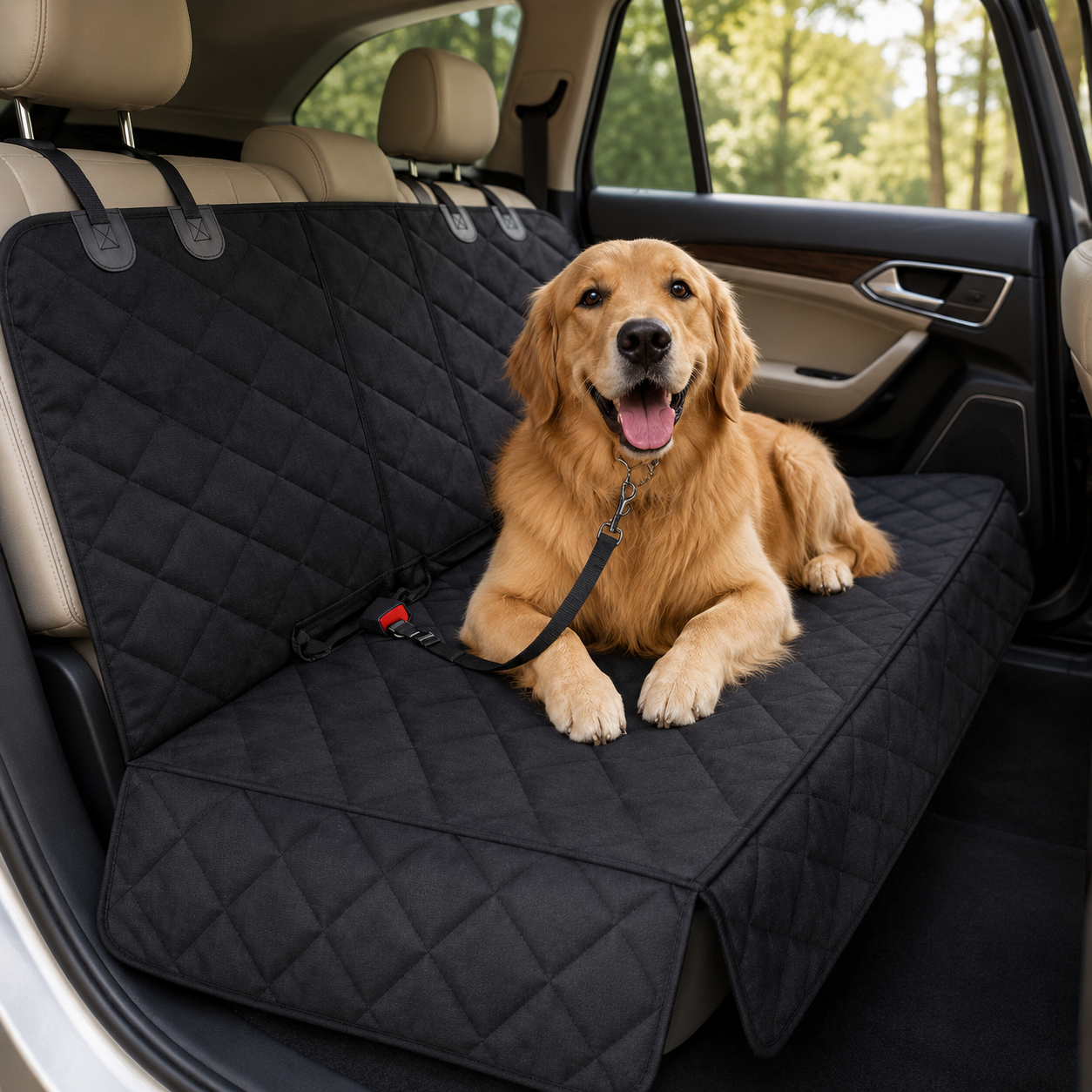 Dog sitting on a black car seat cover in a vehicle with trees outside.