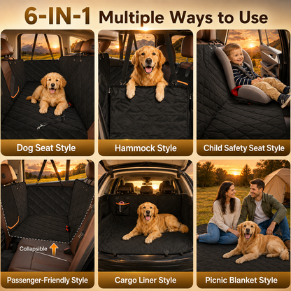 Dog car seat cover with multiple usage scenarios including dog seat, hammock, child safety, passenger-friendly, cargo liner, and picnic blanket styles.